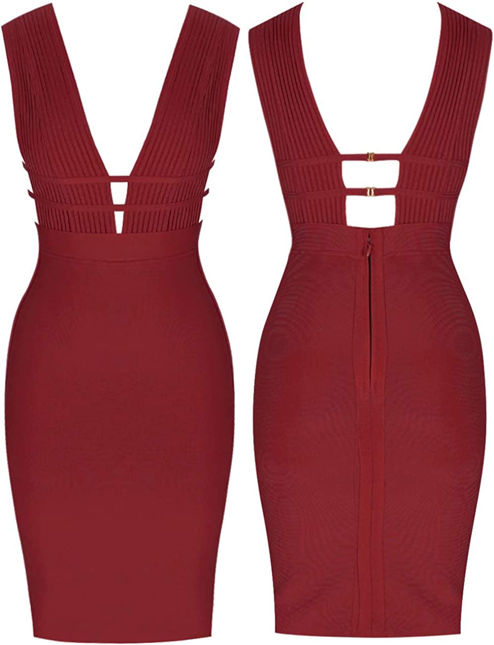 UONBOX Women's Sleeveless Deep Plunge V Neck Night Club Party Bandage Dress with Waist Straps