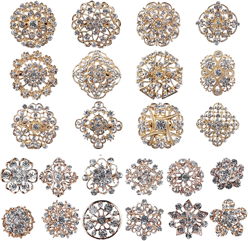 Lot 24pc Clear Rhinestone Crystal Flower Brooches Pins