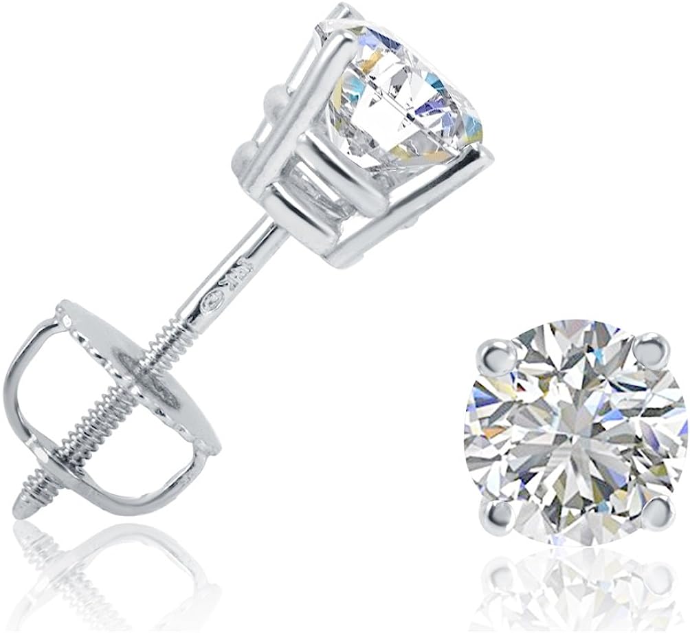 AGS Certified 1ct TW Round REAL Diamond Solitaire Stud Earrings in REAL 14K Yellow Gold or 14K White Gold with Screw Backs