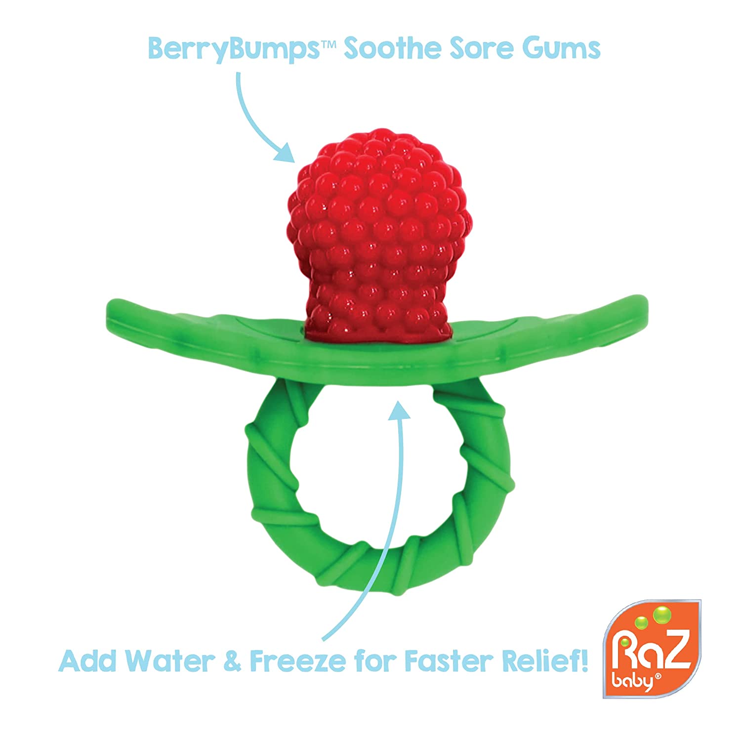 RaZbaby RaZberry Silicone Baby Teether Toy - Berrybumps Soothe Babies Sore Gums - Infant Teething Toy - Hands Free Design - BPA Free - Easy-to-Hold Design - Teething Relief Pacifier - Fruit Shape/Red