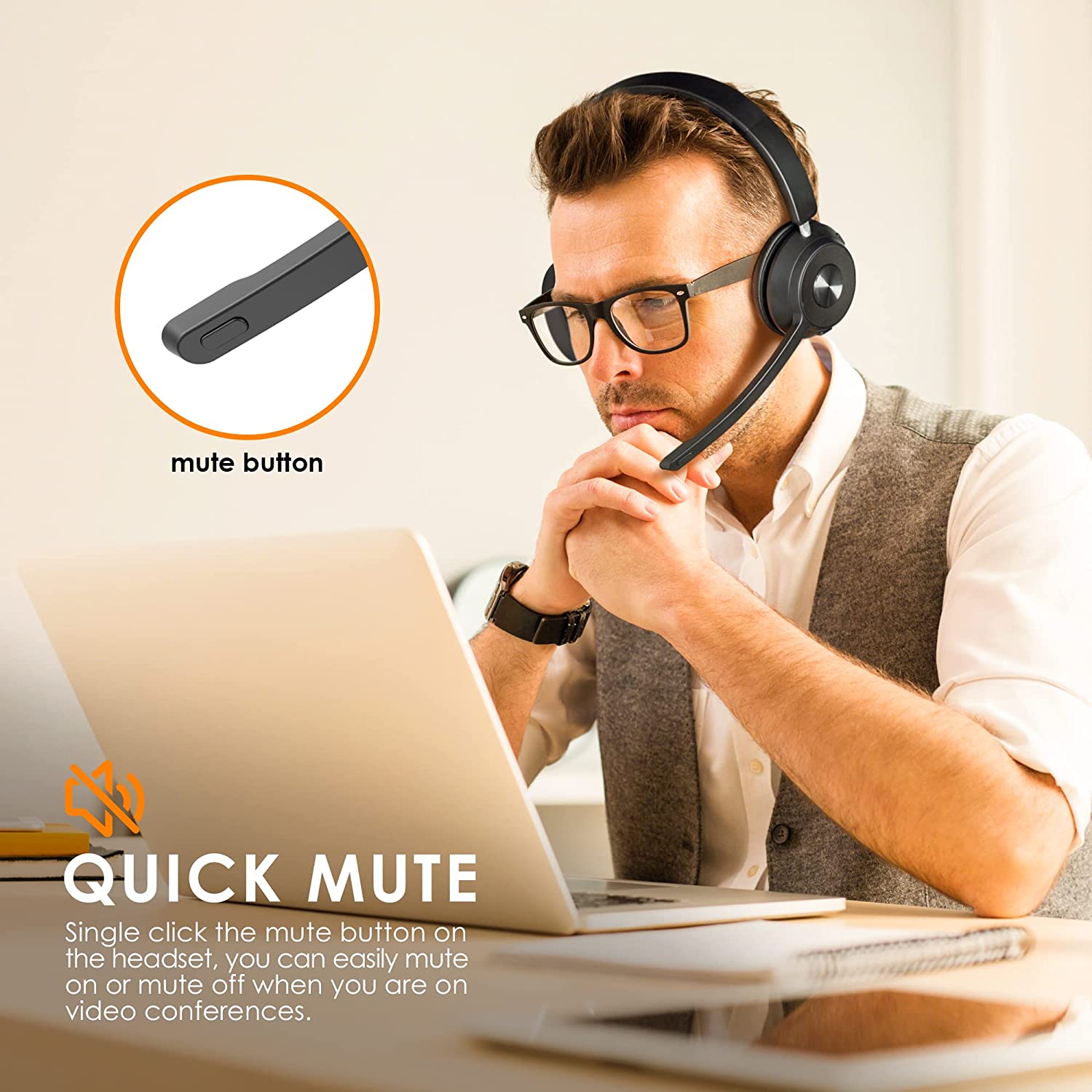 Bluetooth Headset V5.1， Wireless Headset with Noise Canceling Microphone， 40 Hrs Work Time Office Headset with Bluetooth Dongle &amp; Charging Base， AptX HD On-Ear Headphones with Mute Button
