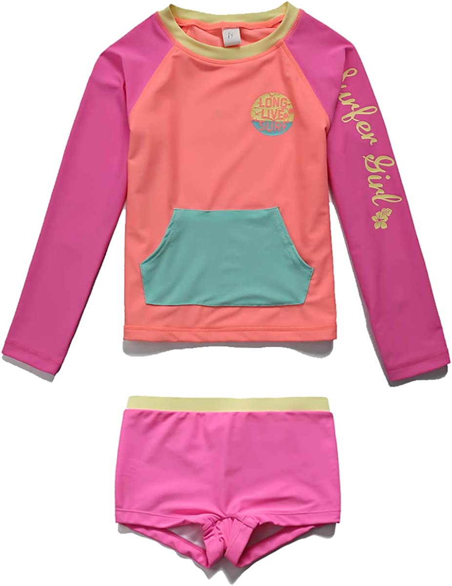 PHIBEE Girls' Rash Guard Set Long Sleeve UPF 50+ Sun Protection Two-Piece Swimwear