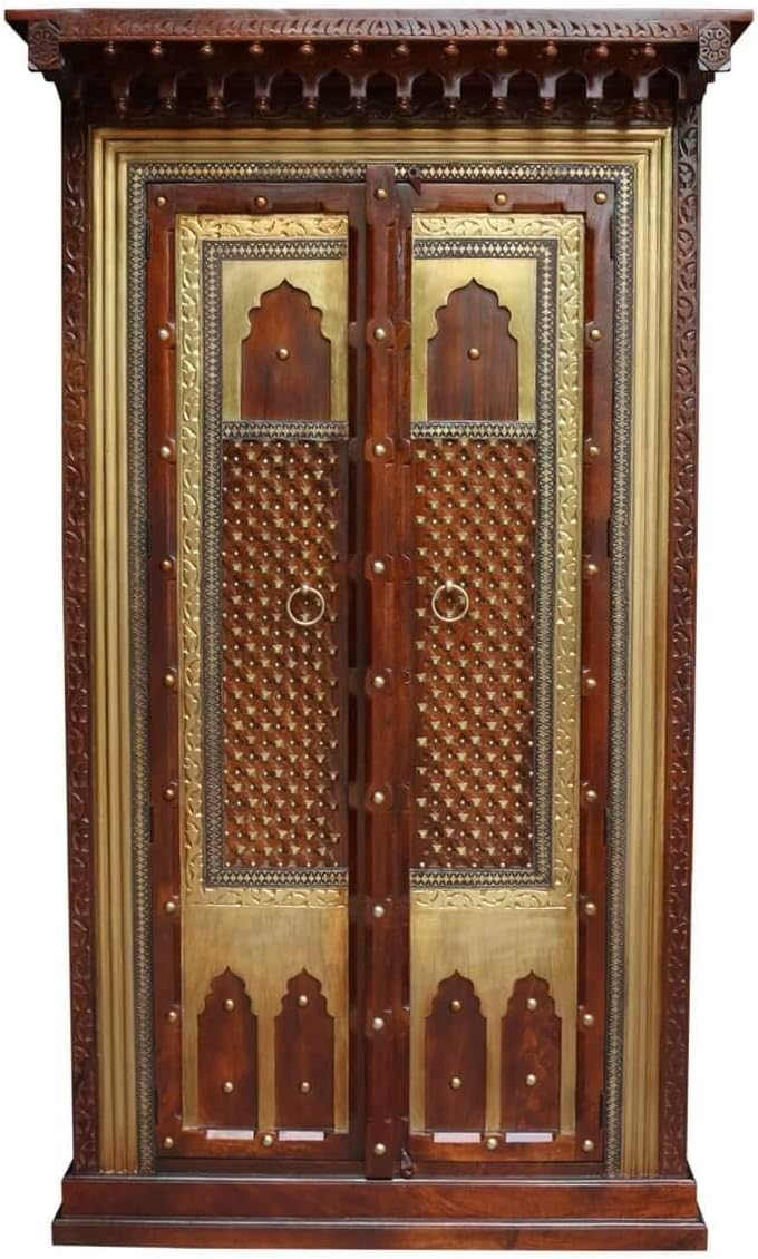 Antique Indian Brass Work Indian Solid Wood Heritage Brass Door Large Cabinet, Cabinet Storage Units Indian Solid Wood,Living Room Bedroom Furniture,Modern Cabinet
