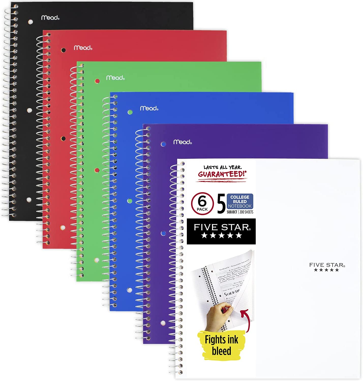 Five Star Spiral Notebook + Study App, 6 Pack, 5 Subject, College Ruled Paper, 200 Sheets, 11" x 8-1/2", Assorted Colors (73793)
