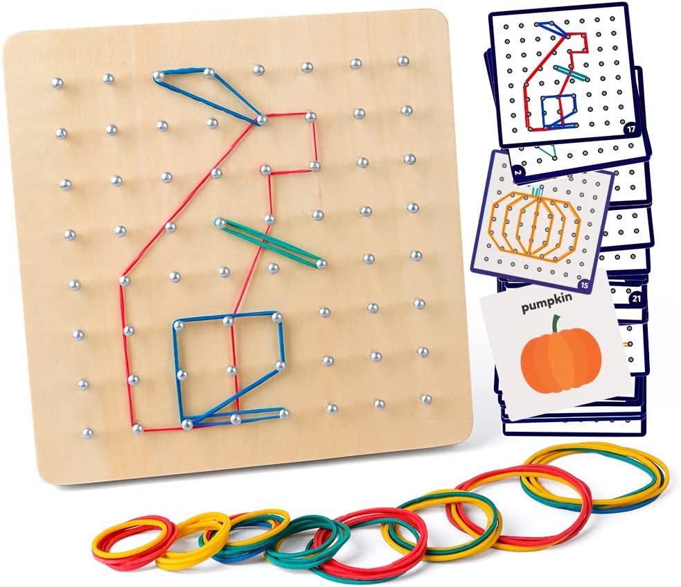 Coogam Wooden Geoboard Mathematical Manipulative Material Array Block Geo Board – Graphical Educational Toys with 30Pcs Pattern Cards and Latex Bands Shape STEM Puzzle Matrix 8x8 Brain Teaser for Kid