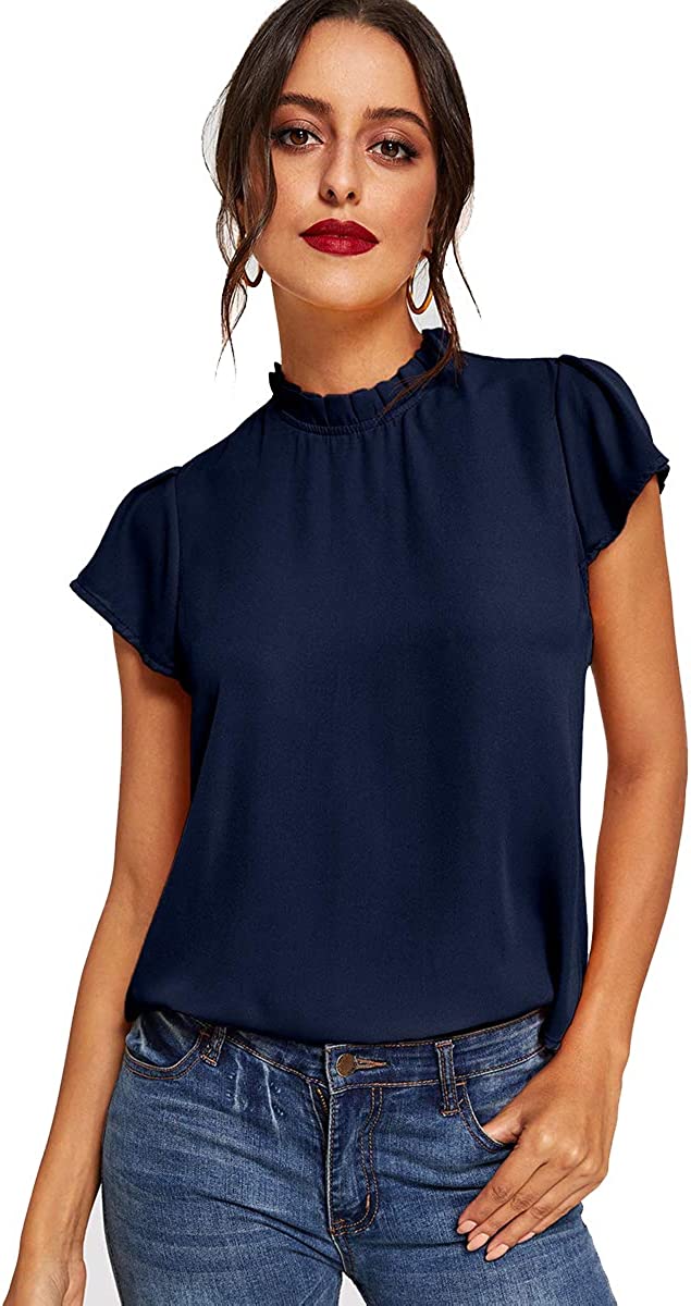 Romwe Women's Elegant Short Sleeve Mock Neck Workwear Blouse Top Shirts