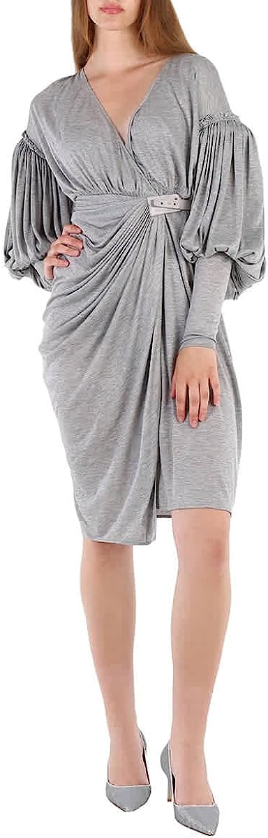 BURBERRY Ladies Pewter Melange Draped-Front Balloon-Sleeve Jersey Dress, Brand Size 2 (US Size 0)