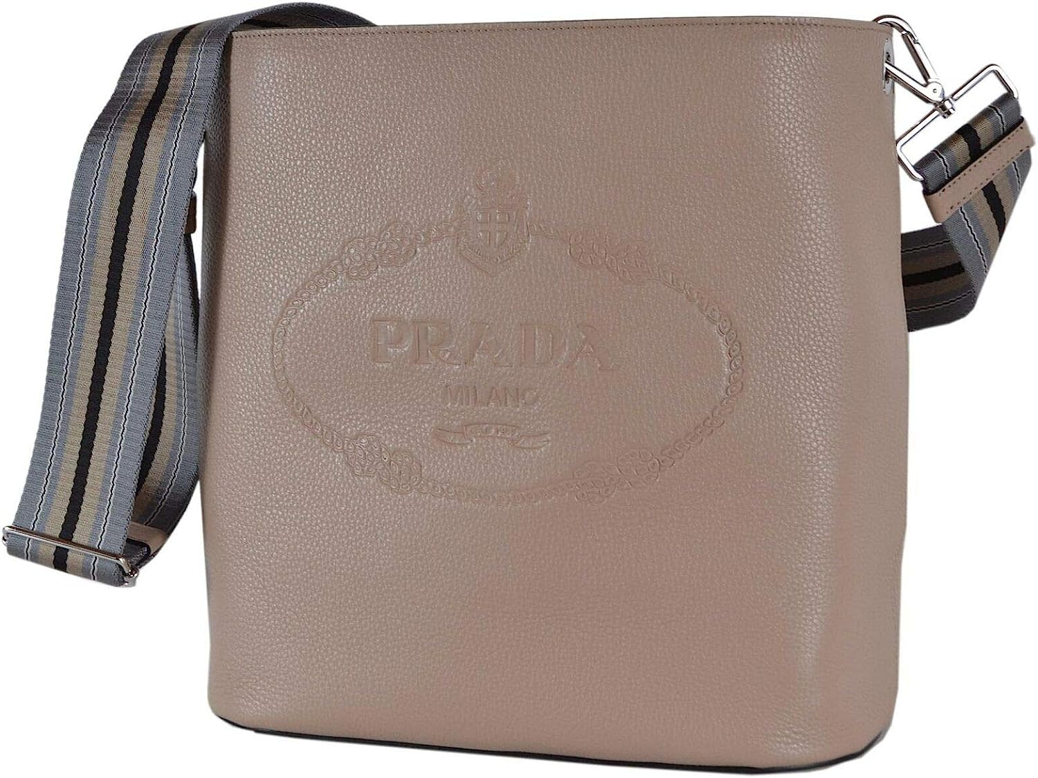 Prada Beige Logo Web Stripe Strap Pebbled Leather Crossbody Shopping Tote Bag 1BE023