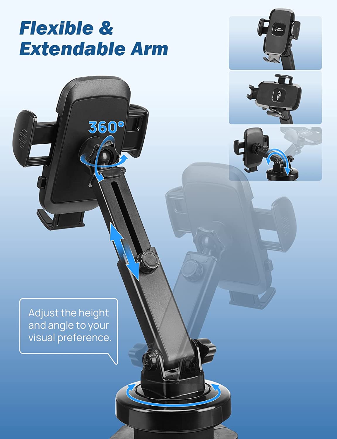 JOYTUTUS Cup Holder Phone Mount for Car, Universal Cup Phone Holder for Car, Cell Phone Holder Car Long Neck with 360° Rotation, Stable Rubber Base, Compatible with iPhone, Samsung Android & More