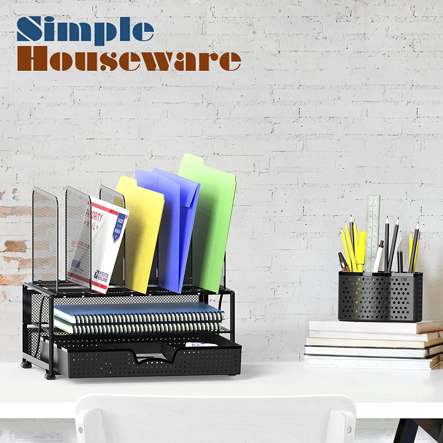 SimpleHouseware Mesh Desk Organizer with Sliding Drawer, Double Tray and 5 Upright Sections, Black