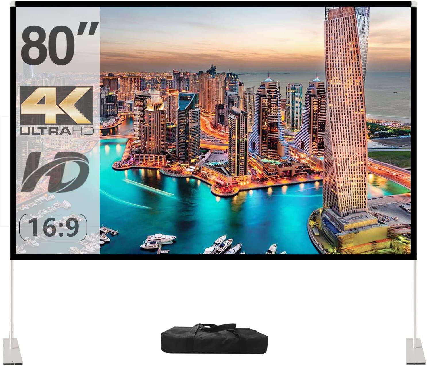 Projector Screen with Stand 80 inch Portable Projection Screen 16:9 4K HD Projections Movies Screen with Carry Bag for Indoor Outdoor Home Theater Backyard Cinema Travel