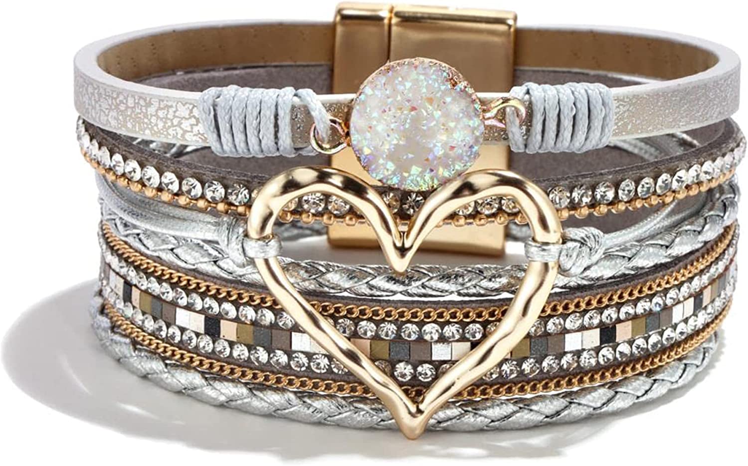 Long tiantian Multilayer Wrap Leather Bracelet Heart Modern Boho Bracelet with Magnetic Clasp Cuff Rhinestone Leather Bracelets for Women