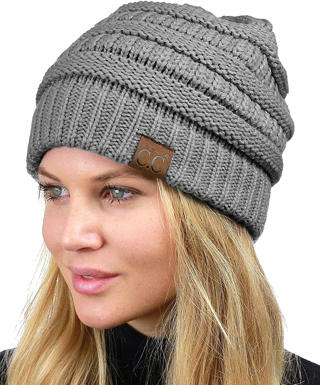 C.C Unisex Chunky Soft Stretch Cable Knit Warm Fuzzy Lined Skully Beanie