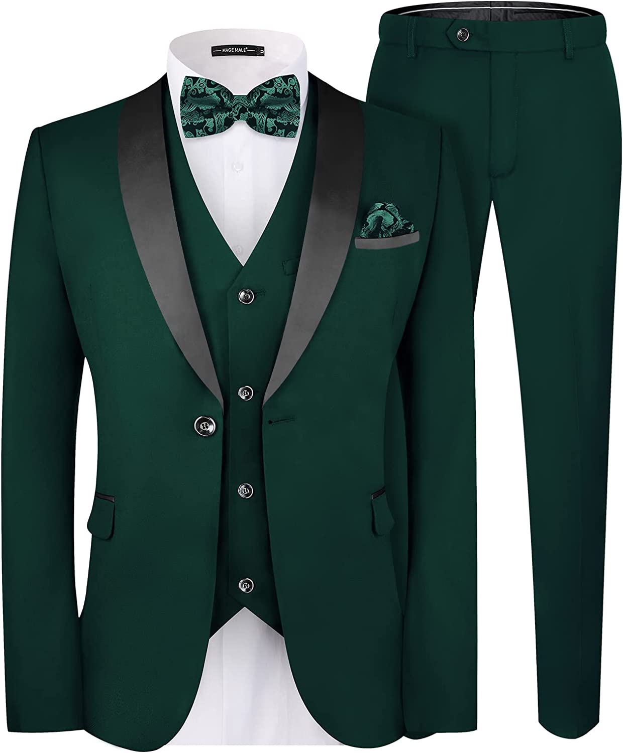 MAGE MALE Men's Slim Fit 3 Piece Suit One Button Solid Shawl Lapel Blazer Jacket Vest Pants Set with Tie Pocket Square