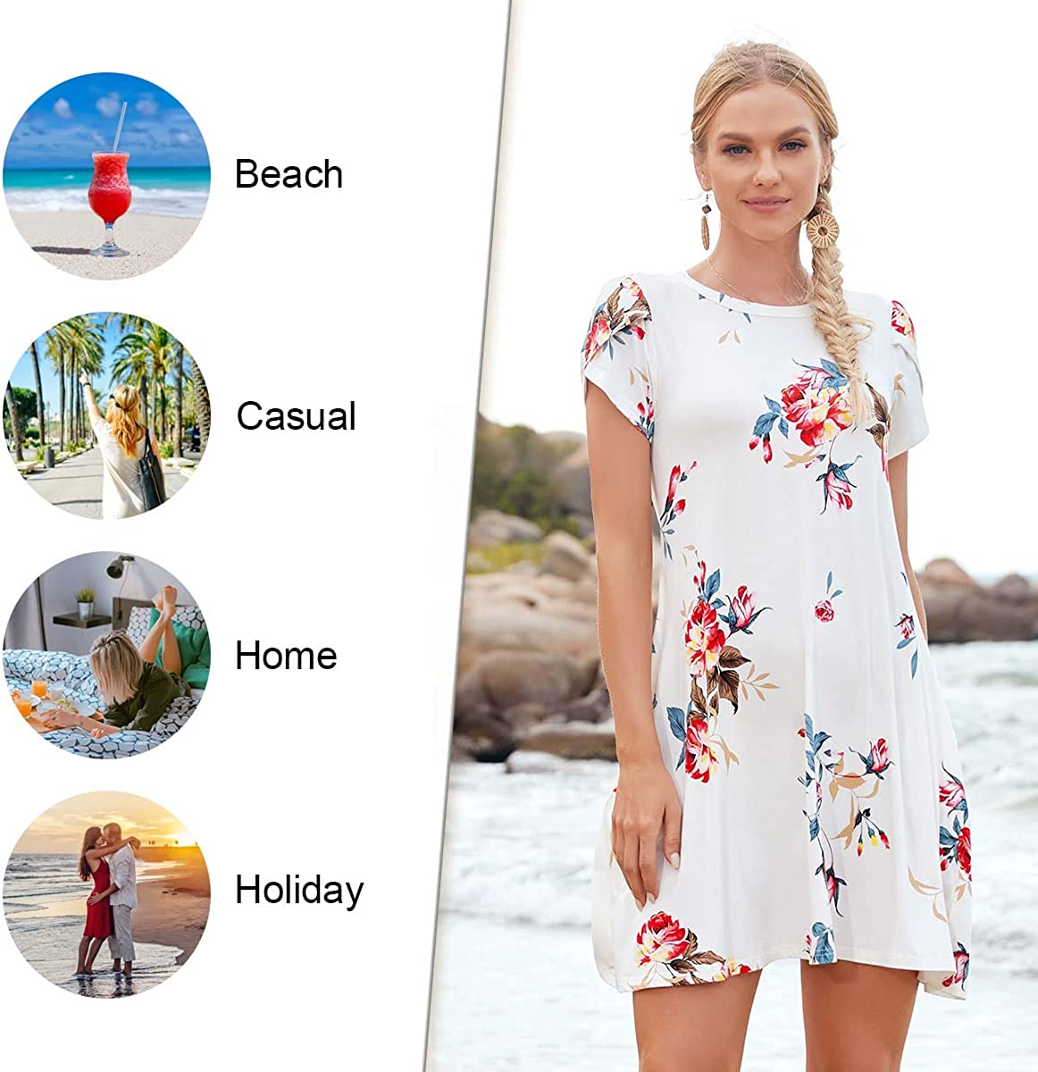 HOTGIFT Womens Short Sleeve Dress Casual Crewneck Dresses Loose Comfy Swing Sundress with Pockets