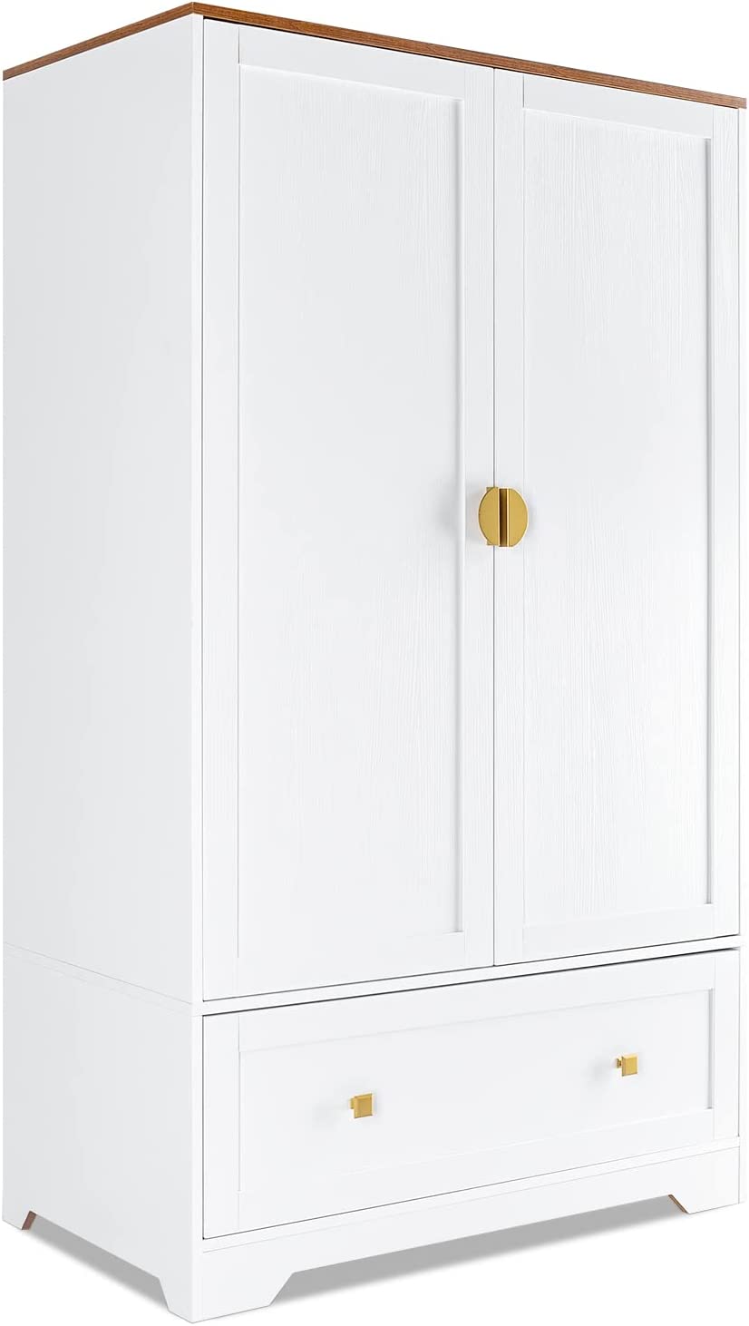 VINGLI Wide White Armoire Wardrobe Closet with Hanging Rod， Shelves and Drawer， Freestanding Closet Wardrobe Cabinet for Hanging Clothes， Armoires and Wardrobes with Doors for Bedroom， Kids&#39; Room 