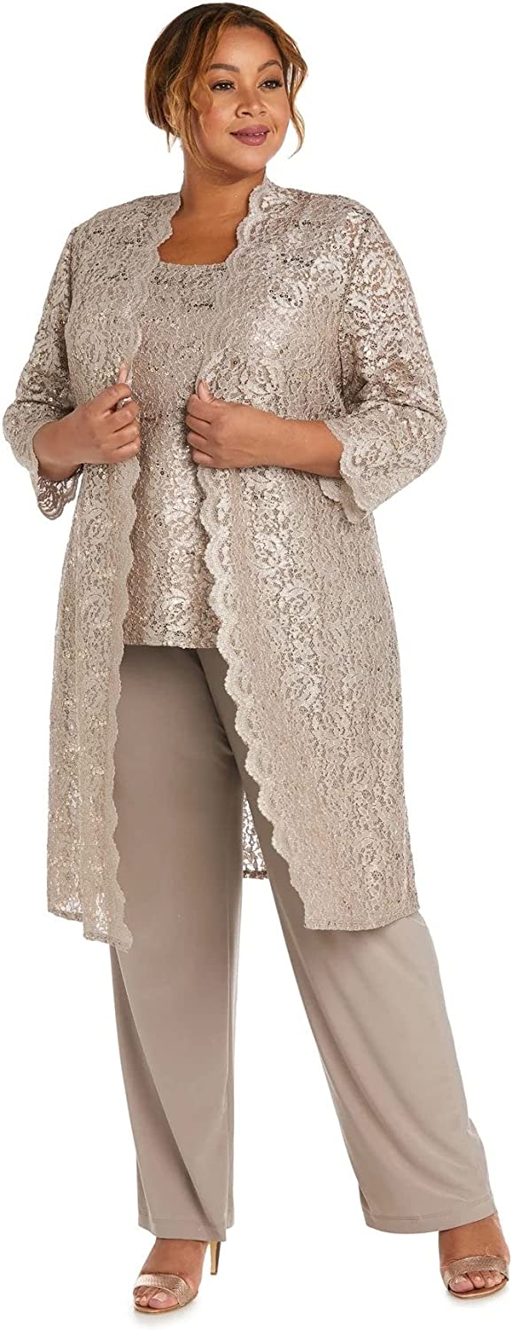 R&M Richards Women's Tank Top and Pant Set with Sheer Lace Jacket