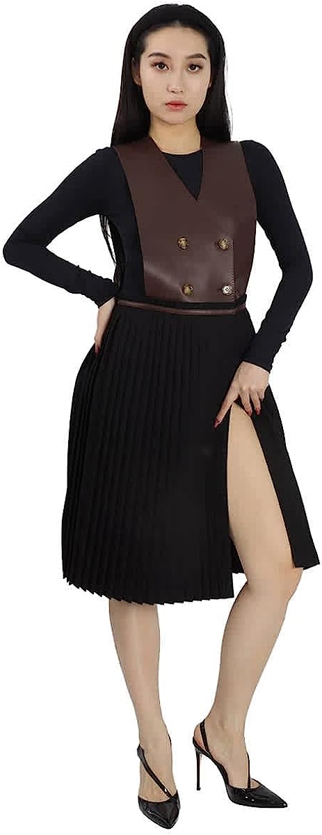 BURBERRY Ladies Dark Mocha Plonge Lambskin and Wool Blend Pinafore Dress, Brand Size 12 (Brand Size 10)