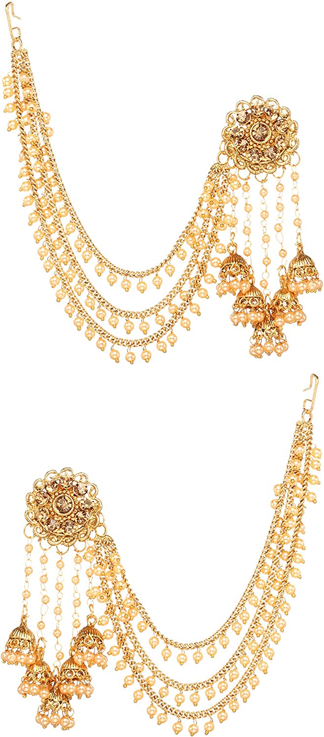 Bindhani Fashion Bollywood Jewellery Traditional Ethnic Bridal Bride Wedding Bridesmaid Gold Plated Kundan Pearl Drop Jhumka Jhumki Head chain Indian Bahubali Earrings Jewelry For Women