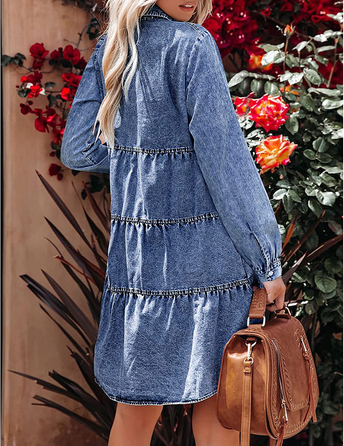 luvamia Denim Dress for Women Babydoll Flowy Cute Jean Shirt Dresses Long Sleeves