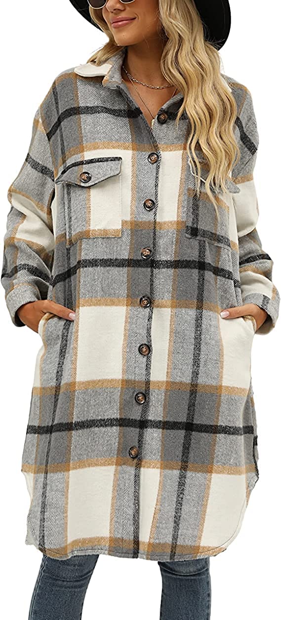 Omoone Women's Lounge Lapel Button Up Long Sleeve Plaid Long Shirt Jacket Shacket