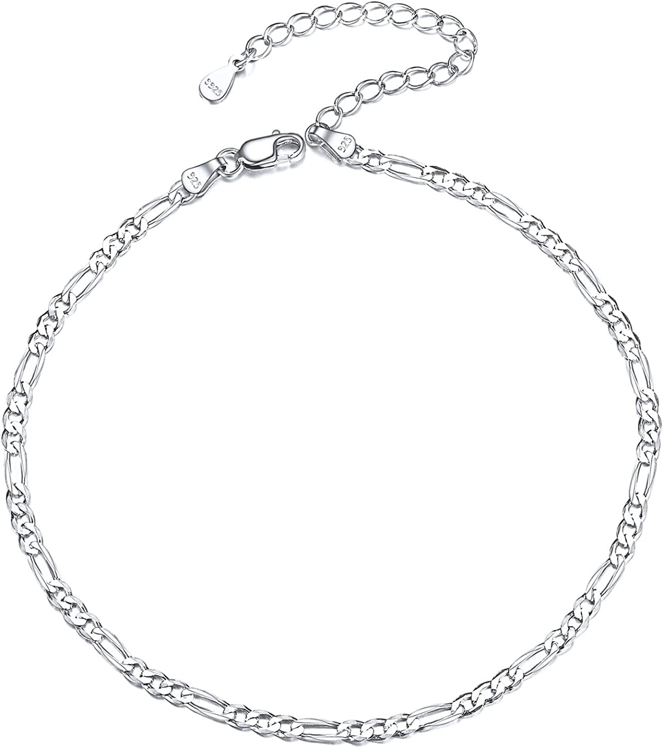 ChicSilver 925 Sterling Silver Ankle Bracelet for Women, Simple Durable Cuban Link/Figaro/Twist Rope Chain Anklets for Beach Party(with Gift Box)