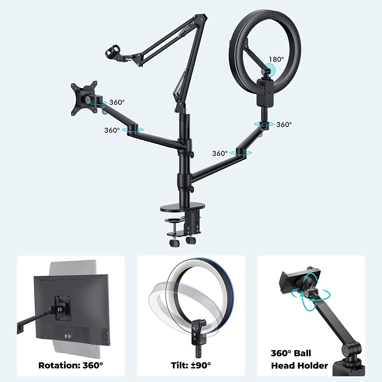 Viozon Selfie Desktop Live Stand Set 12&#34; LED Ring Light 5 in 1 Monitor Laptop Arm Overhead Recording Height&amp;Angle Adjustable Compatible with 17-32&#34;Monitor&#34;3.5-6.7&#34;Phone/Camera for 