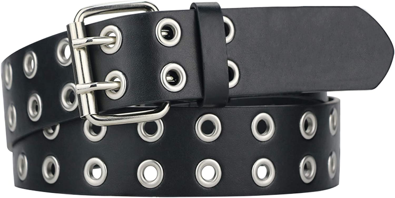 maikun Grommet Leather Belts for Women, Cute Black Belt, Studded Belt Punk Accessories
