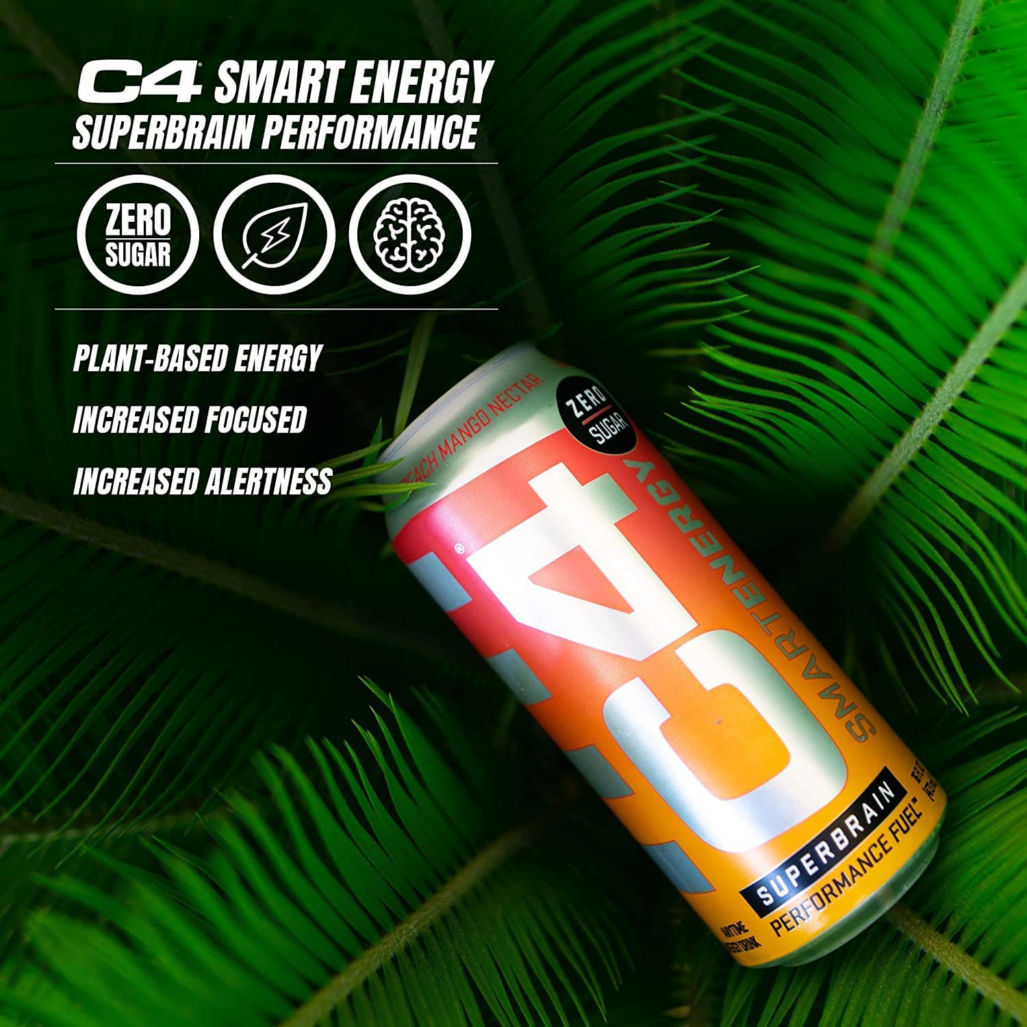 C4 Smart Energy Drink - Sugar Free Performance Fuel &amp; Nootropic Brain Booster， Coffee Substitute or Alternative | Peach Mango Nectar 16 Oz - 12 Pack