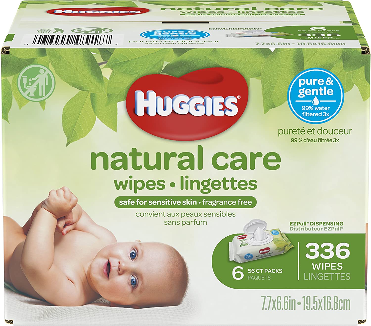 HUGGIES Natural Care Unscented Baby Wipes, Sensitive, Water-Based, 6 Flip-top Packs, 56 Count (Pack of 6)