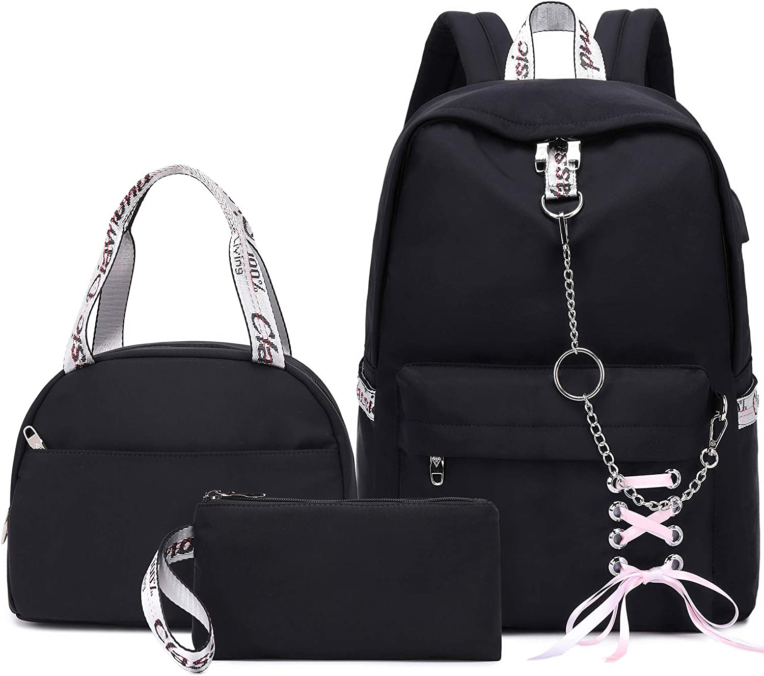 Hey Yoo School Backpack for Girls Women Children Kids Backpack School Bag Bookbag Set with Lunch Bag for Teen Girl (Black)