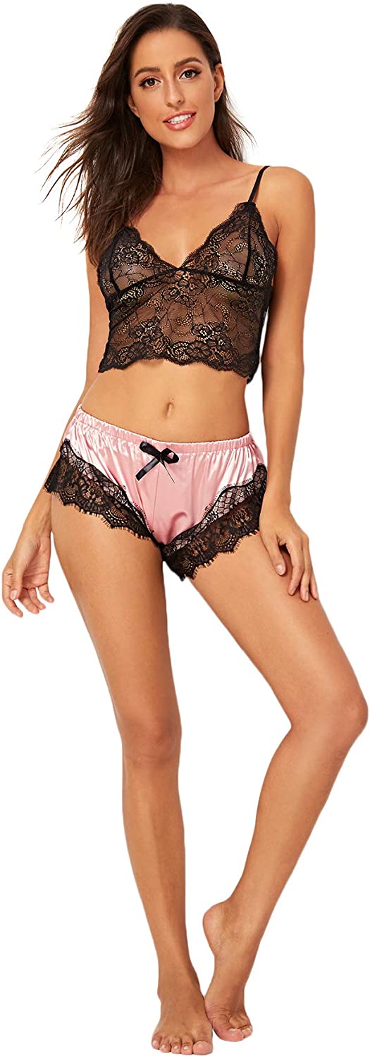 SweatyRocks Women's Lace Cami Top with Shorts with Panties 2 Piece Set Sexy Lingerie Pajama Set