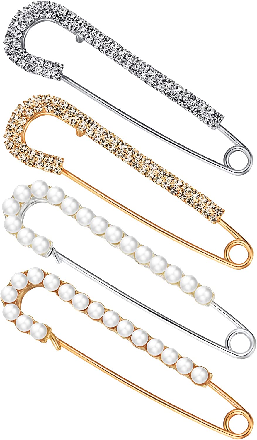 Boao Women Brooch Pins Sweater Shawl Clips Faux Crystal and Pearl Brooches, Safety Pins Dress Shirt Clips for Women, 2 Styles, Gold, Silver