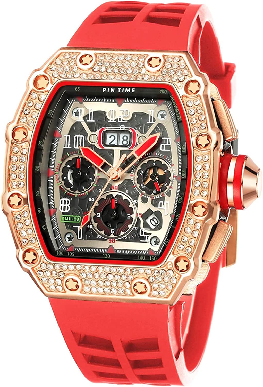 Gosasa Mens Diamond Watches Luxury Tonneau Watches for Men Analog Watch Chronograph Calendar Date Men’s Dress Business Work Watch Large Rectangle Face Wristwatch with Silicon Strap