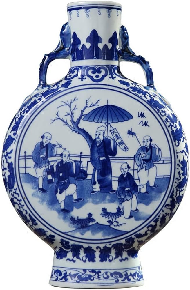 ZSEDP Jingdezhen Antique Blue and White Vase with Chinese Ancient Figures Pattern Double Ears Vase Ancient Porcelain