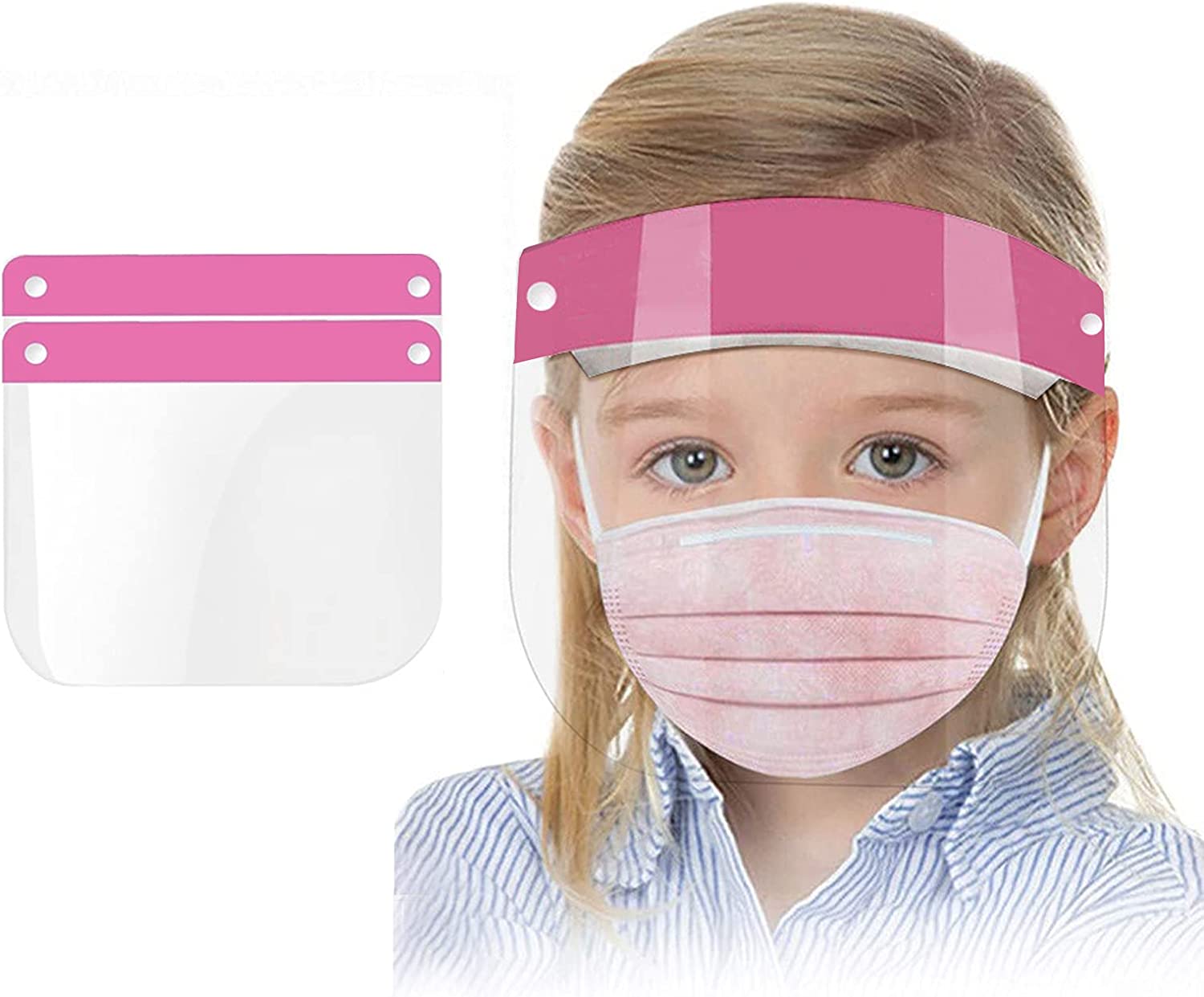 HUHETA Kids Face Shield 2 Pack, Protective Safety Mask for Children, Transparent Anti-Fog Full Face Shield, Face and Eye Protection, Vacuum Packaged (Pink)