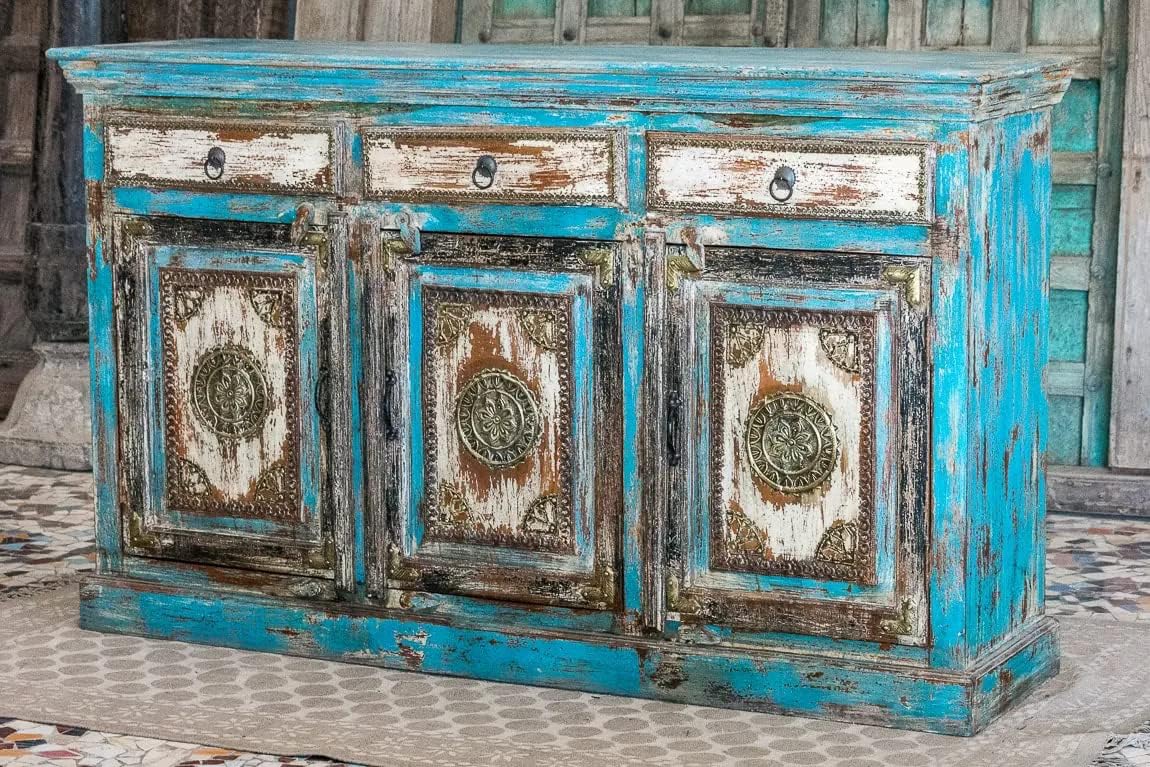 Antique Indian Brass Work Hand Carved Solid Wooden Sideboard Bluewash Mango Wood Indian Arched Sideboard Cabinet Storage Units Indian Solid Wood Finish,Living Room Bedroom Furniture,Modern Sideboard
