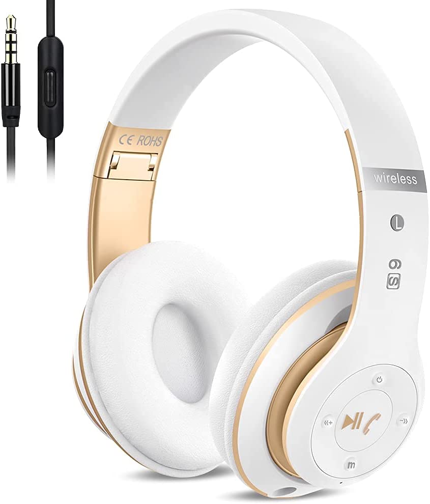 Prtukyt 6S Wireless Bluetooth Headphones Over Ear, Hi-Fi Stereo Foldable Wireless Stereo Headsets Earbuds with Built-in Mic, Volume Control, FM for Phone/PC (Black & Gold)