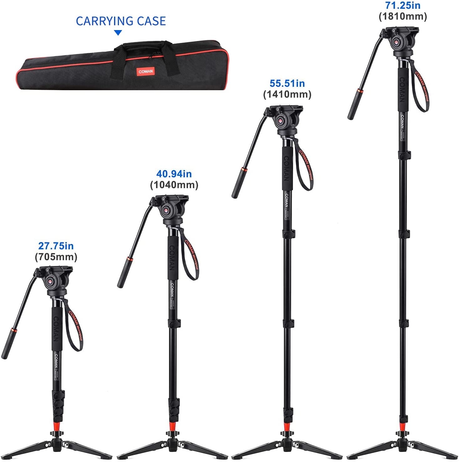 Monopod， COMAN KX3232 73.2 inch Professional Monopod Tripod Lightweight Aluminum Telescopic Camera Monopod with feet and Pan Tilt Fluid Head for DSLR Video Cameras