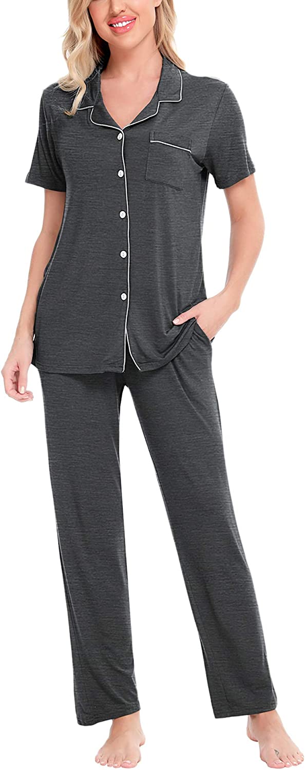 SWOMOG Women Pajama Sets Two-Piece Nightwear Short Sleeve Sleepwear Button Down Pj Lounge Sets with Long Pants
