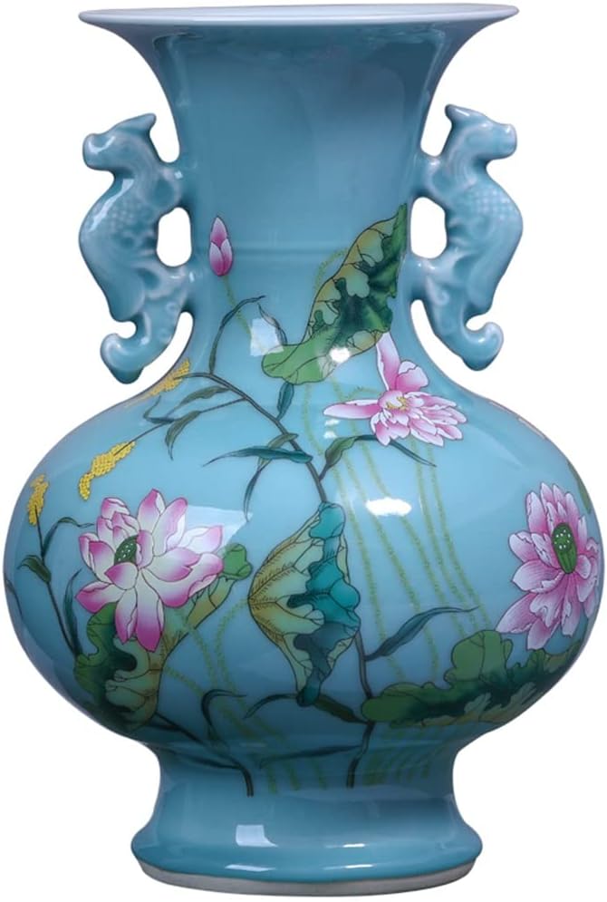 HOUKAI Antique Celadon Vase Furnishing Articles Blue Glaze Peony Flower Study Decorative Ceramic Arts and Crafts