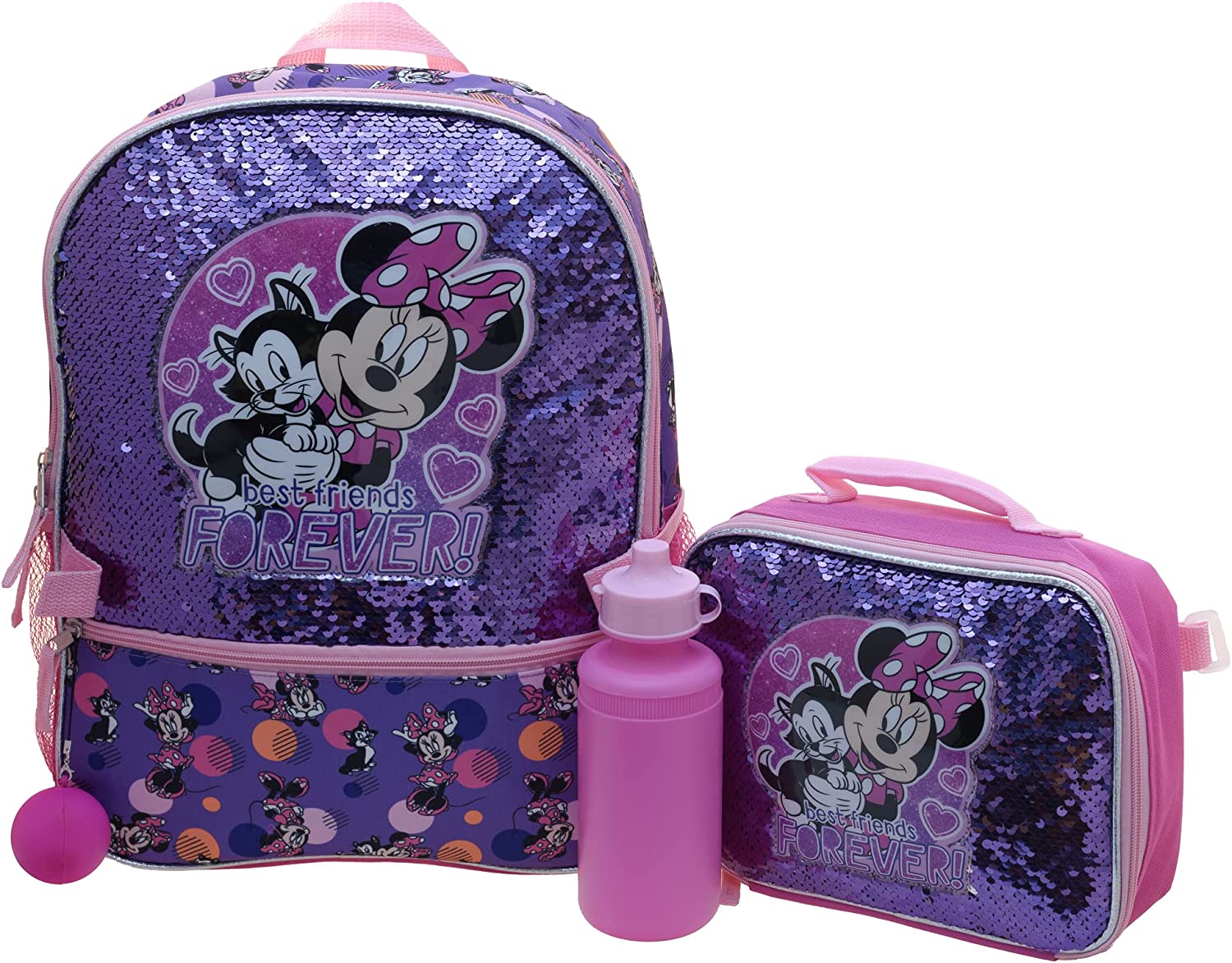 Disney Minnie Mouse Girls & Toddler 4 Piece Backpack Set, Flip Sequin School Bag with Front Zip & Side Mesh Side Pockets, Insulated Lunch Box, Water Bottle, and Squish Ball Dangle