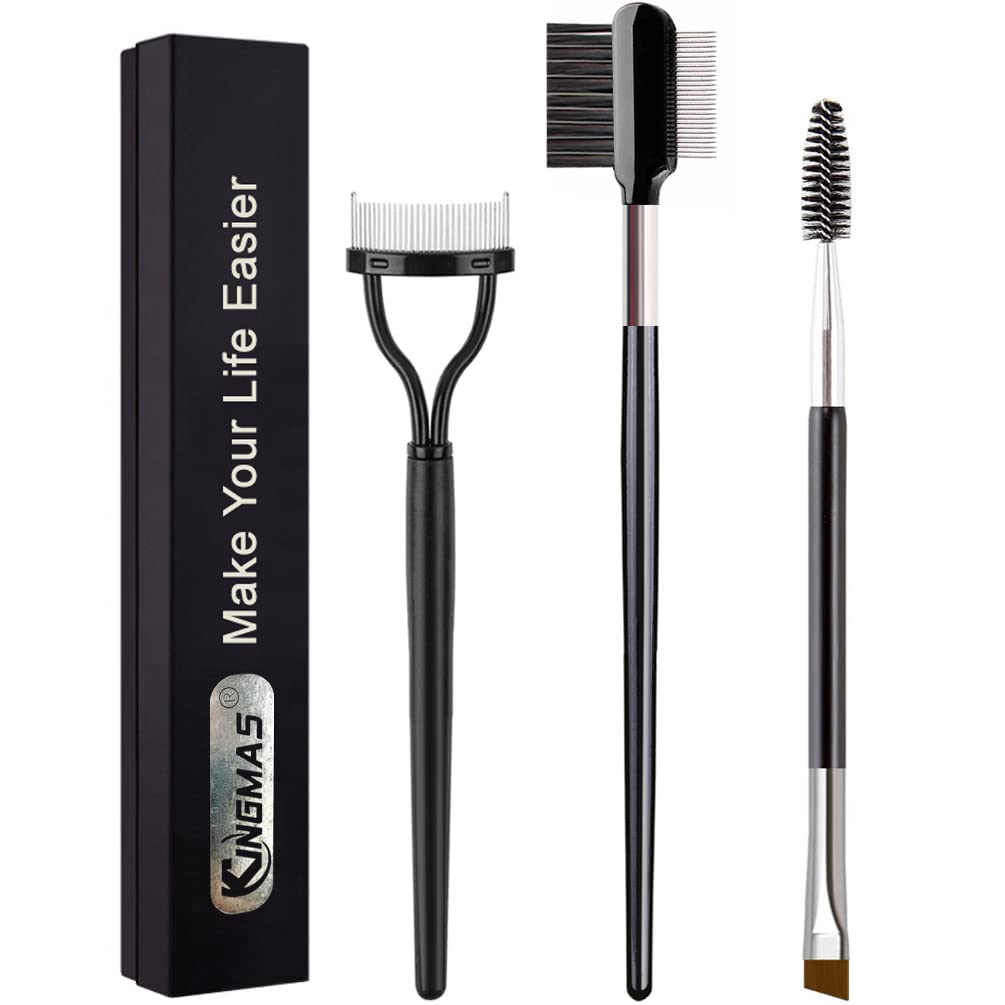 KINGMAS 3Pcs Angled Eyebrow Brush, Eyelash Comb Curlers Spoolie Brush, Steel Brow Brush Mascara Comb Makeup Grooming Tool