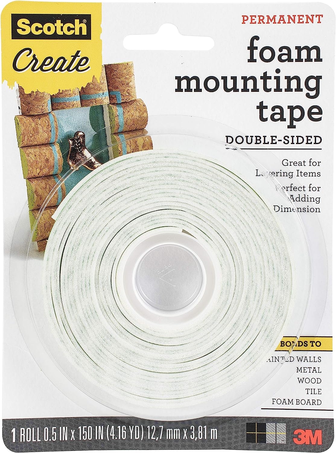 Scotch Mounting, Fastening, & Surface Protection Scotch Foam Mounting Tape, 1/2-inch x 150-inches, White, 1-Roll (4013), 1/2"x150", Clear