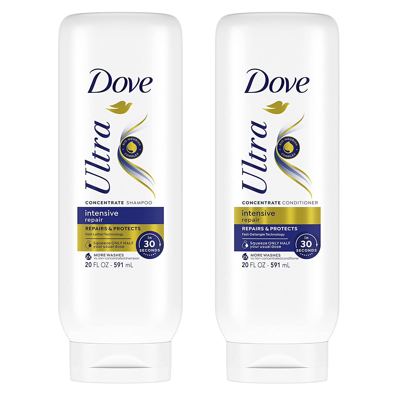 Dove Ultra Intensive Repair Concentrate Shampoo And Conditioner For Damaged Hair Repairs And Protects In 30 Seconds, 2X More Washes, Combo Pack, 20 fl oz (Pack of 2)