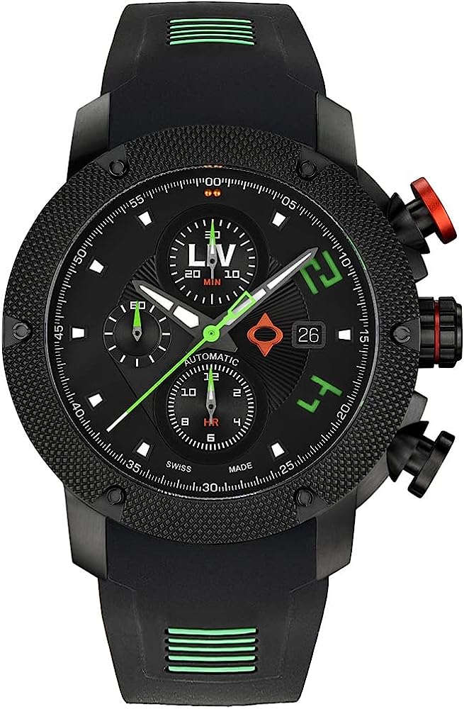 LIV GX-AC Swiss Automatic ETA 7750 26 Jewel Movement Chronograph 46mm 316L Case, 3D Multi-Layer Dial + Quickset Date - Rugged Classic Watch for Men - Skeleton Case-back - Sapphire Crystal - 330 FT Wat