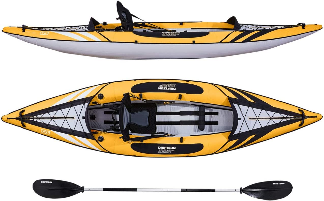 Driftsun Almanor Inflatable Recreational Touring Kayak with EVA Padded Seats with High Back Support, Includes Paddles, Pump (1 Person, 2 Person, 2 Plus 1 Child)