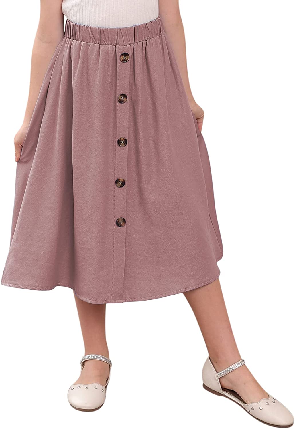 GORLYA Girls A-Line Elastic High Waist Pleated Swing Maxi Skirt with Pockets for 4-14T