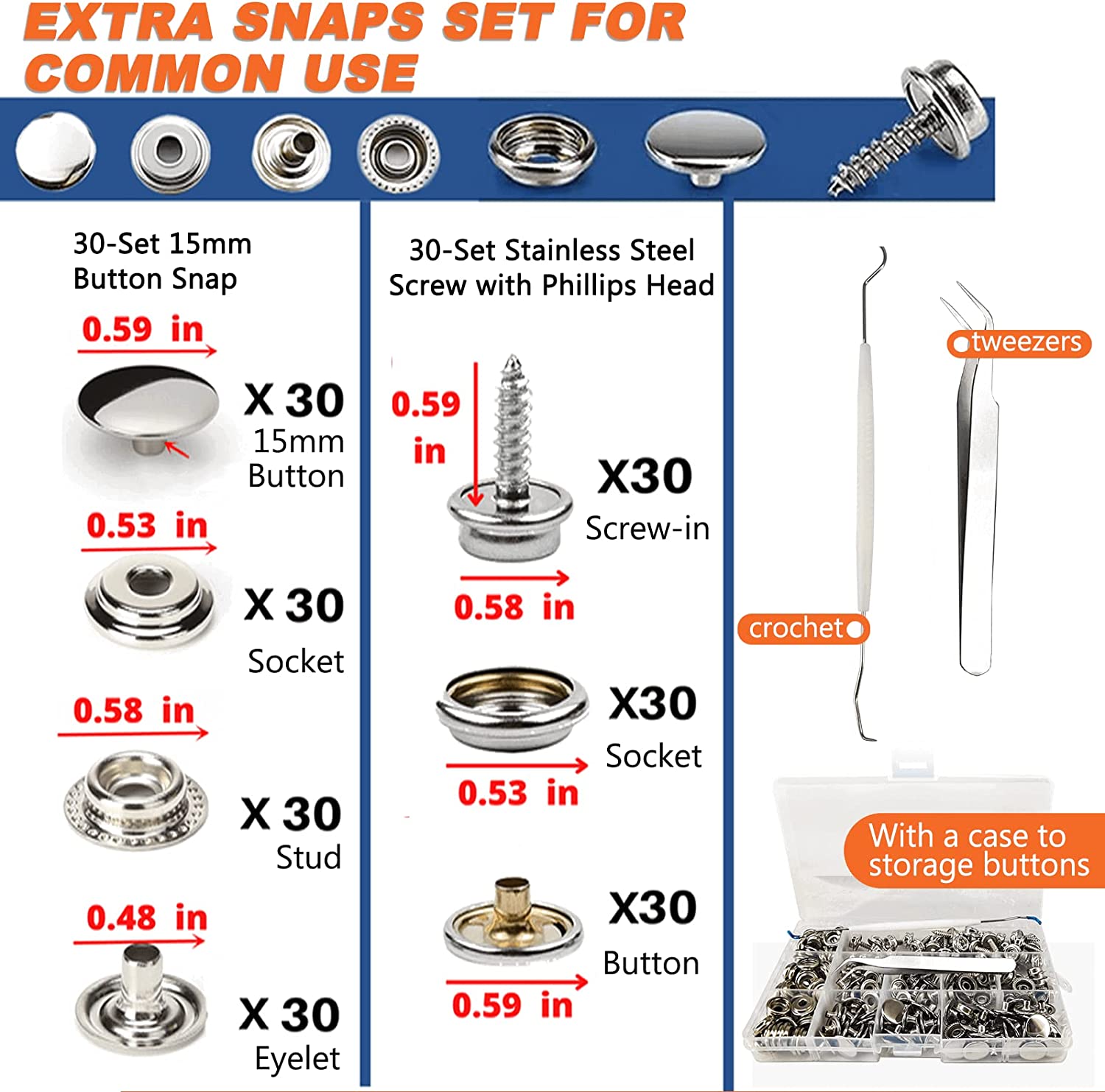 Heavy Duty Snap Fasteners Kit, Snap Fastener Pliers for Metal Snaps Installation on Boat Cover/Canvas/Carpet/Leather, Snap Fastener Tool with Screw Snap& Stainless Steel 15mm Marine Snaps-by MinliGUY