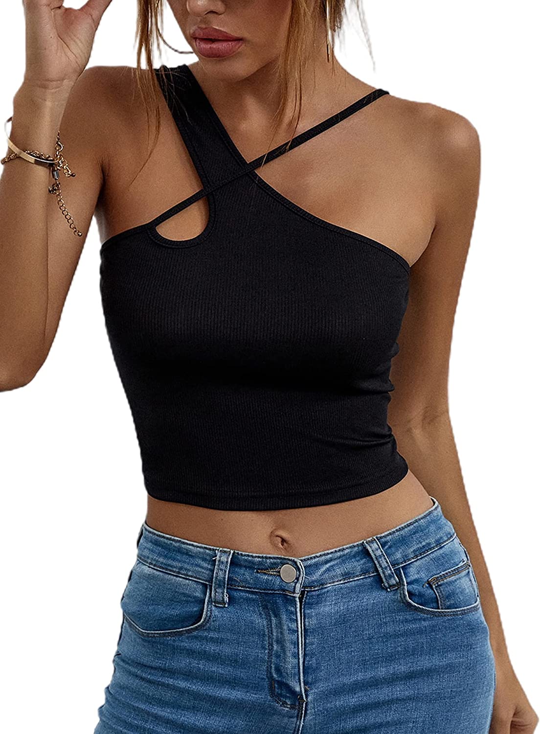 Remidoo Women's Sexy Strap Asymmetrical Neck Cutout Ribbed Knit Slim Fit Cami Crop Top